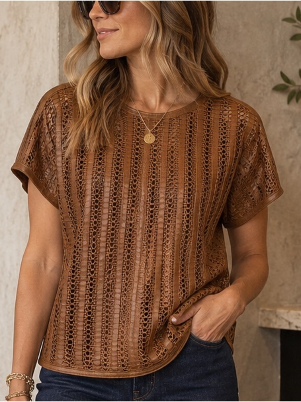 ESCADA Lamb Leather Woven Weave Blouse Brown Size 36 $1775 Retail